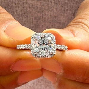 IGI Certified 14K Solid White Gold Cushion And Round Diamond Engagement Ring 2.0 - Picture 1 of 15