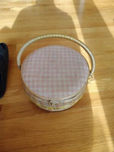 Sewing Basket Round Woven Wicker with Handle Yellow With Pink Cotton - Picture 1 of 7