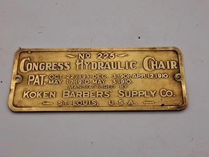 Antica etichetta identificativa idraulica piedistallo congresso 1901 ottone Koken Barbers Supply Co - Foto 1 di 4