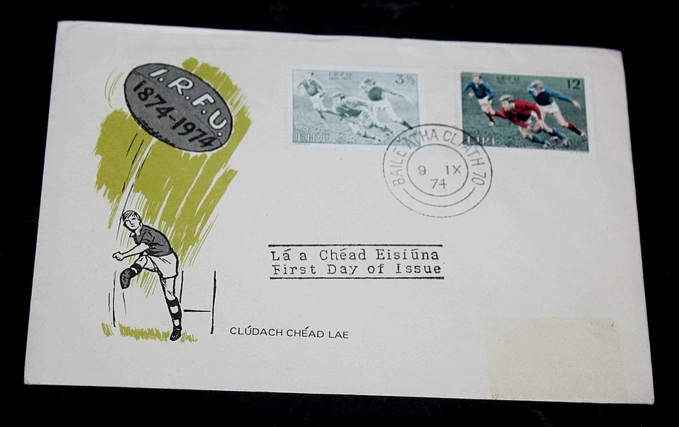 ИРЛАНДИЯ 1974 ИРЛАНДСКИЙ РЕГБИ СТОЛЕТИЕ НАБОР ИЗ 2 ВЫПУСКОВ НА АРФЕ ПЕРВЫЙ ДЕНЬ ОБЛОЖКА - Изображение 1 из 1