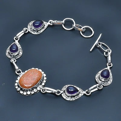 Brazalete Joyería Piedra Solar Roja, Amatista Hecho a Mano Piedras Preciosas 7-8" J810 Foto 1 de 3