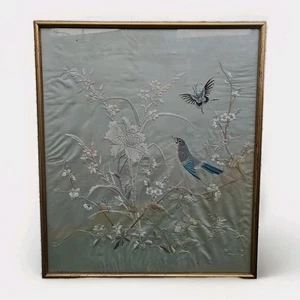 Antique Chinese Silk Embroidery Needlework Embroidered Panel 19th-century Framed - Picture 1 of 10