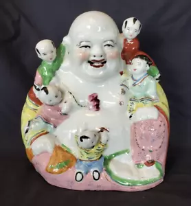 Laughing Buddha w 5 Children 9 inch Vtg Famille Rose Chinese Porcelain Stamped - Picture 1 of 10