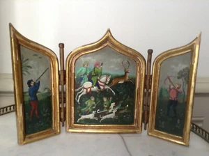 19th Century Triptych Deer Hunting with Hounds and Crossbowman Middle Ages Oil  - Picture 1 of 12