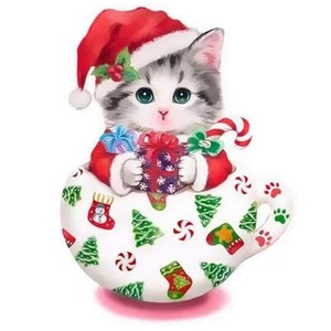 Kit de Pintura Diamante Completo "Gato de Navidad en una Taza" Redondo Parcial 30"x 30"cm #252575 - Imagen 1 de 1