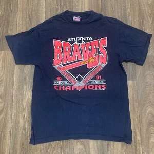 VTG Atlanta Braves Shirt Men's Large Blue 1991 National League Champions Trench - Picture 1 of 7