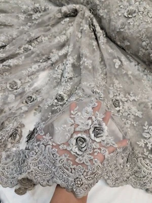 Silver Beaded Lace Fabric By The Yard 3d Floral Flowers Embroidery Prom Dress  - Image 1 of 4