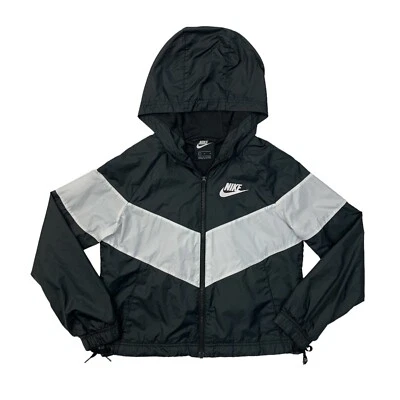 Jaqueta Nike menina juventude L grande preta branca Windrunner zíper completo malha forrada com capuz - Imagem 1 de 4