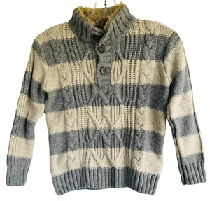 Gap Kids Cable Knit Mock Neck Sherpa Trim Sweater Gray Striped Buttons Sz S 6-7 - Picture 1 of 3