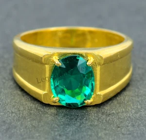 Green Emerald Gemstone Ring 18K solid yellow Gold Men's Statement Ring - Picture 1 of 3