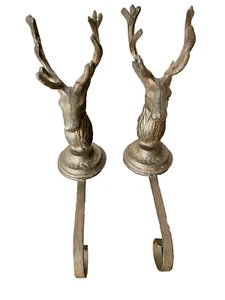 2 Anthropologie Reindeer Stag Stocking Banner Holders Large Cast Iron Long Arm - Picture 1 of 3