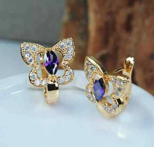 3CT Marquise Lab Created Amethyst Butterfly Stud Earrings 14K Yellow Gold Plated - Picture 1 of 6
