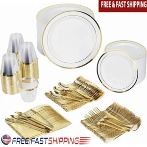 600 Piece Disposable Party Dinnerware Set 100 Guests Elegant Plastic Supplies US - Picture 1 of 6
