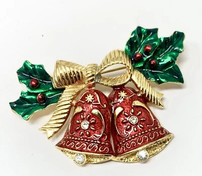 Joan Rivers Christmas Bell Holiday Xmas Holly Enamel Pin Brooch See Description - Image 1 of 4