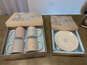 AVON "Winter Soft" Set of 4 Mugs Ceramic And Set Of 4 Saucers In Boxes NEW - Picture 1 of 8