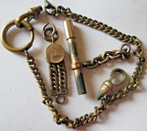 VINTAGE POCKETWATCH CHAIN PARTS, BRASS, 6" CHAIN, T-BAR, HOOK, FLORAL COUPLER - Picture 1 of 4