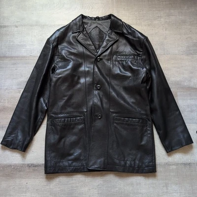 Roundtree & Yorke Lambskin Leather Jacket Size M Black 3 Button Midweight Coat - Image 1 of 4