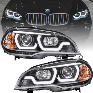 Halogen Scheinwerfer Set Schwarz für BMW X5 E70 2007–2013 mit 3D LED Angel Eyes - Bild 1 von 5