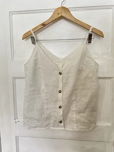 H&M Womens 100% Linen White Strappy V-Neck Buttoned Tank Crop Top Medium - Picture 1 of 6