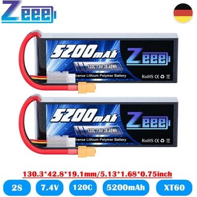 2x Zeee 2S 7.4V 5200mAh Lipo Akku Batterie XT60 120C Für RC Auto Flugzeuge FPV - Bild 1 von 4