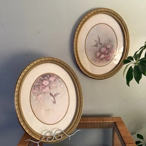 Vintage 1983 Margie Morrow Oval Gold Frame Hummingbirds SIGNED Set Of 2 - Picture 1 of 7