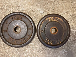 2 Vintage York Barbell 10l lb Standard Cast Iron WEIGHT PLATES York PA