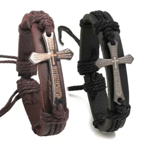 Mens Unisex Bible Cross Leather Bracelet Wristband Fashion Jewelry Black Brown - Picture 1 of 6