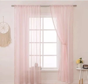 Voile Curtains Net Sheer Panel Door Valance Curtain Ball Pompom Rod Pocket - Picture 1 of 8