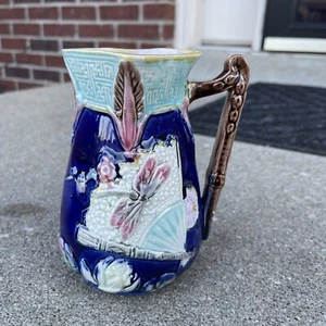 Antique Early Majolica Lotus Pitcher Copeland Dragonfly & Fan Majolica c.1800's - Picture 1 of 11