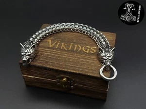 Armband Wolf Wolfsköpfe Edelstahl Stainless Steel Wikinger Silber Panzerkette - Bild 1 von 12