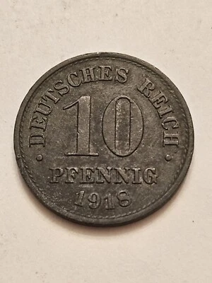 1918 GERMANY EMPIRE 10 PFENNIG KM26 ZINC COIN EAGLE WWI ERA VF-XF FREE SHIPPING  - Image 1 of 2