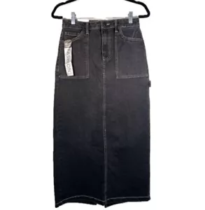 NWT love, fire Black Charcoal Back Slit Denim Jean Midi Skirt Pockets Size 3 - Picture 1 of 16