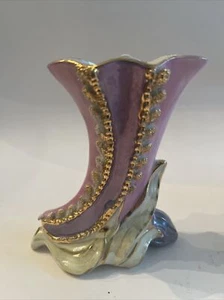 Jarrón vintage Lusterware Cornucopia, rosa y dorado pintado a mano - Imagen 1 de 8