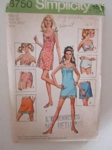 SIMPLICITY = PATTERN #8750=MISSES' MINI-SLIP=MIMI HALF-SLIP,BRA & PANTIES=SZ. 12 - Picture 1 of 2