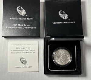 2016-P Mark Twain Commemorative Uncirculated Silver Dollar with Mint Box & COA - Picture 1 of 2