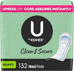 U by Kotex Clean & Secure Maxi Pads, Heavy Absorbency, 132 Count (3 Packs of 44) - Picture 1 of 7