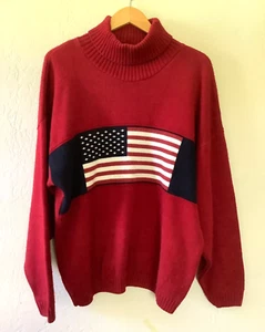 Vintage New Era Men's Flag Turtleneck Sweater LARGE Red Acrylic Crew Neck USA - Picture 1 of 9