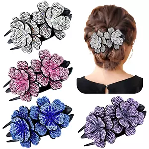 4 Pieces Fancy Sparkly Rhinestone Double Flower Hair Clips Barrettes with - Picture 1 of 8