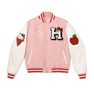 Giacca Bomber Hello Kitty Apples Varsity Rosa con Braccia in Pelle - Foto 1 di 3