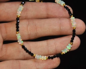 Natural Ethiopian Opal and Black Crystal Beaded Bracelet, Gold-Tone Accents, Ele - Picture 1 of 6