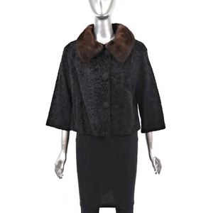 Women Real Persian Lamb Astrakhan Fur Coat Black Mink Collar Handmade Jacket New - Picture 1 of 7