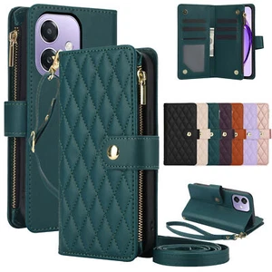 Grid Leather Wallet Zipper Phone Case For OPPO A40 A60 A3 A57 A80 A17 A98 A77 - Picture 1 of 19