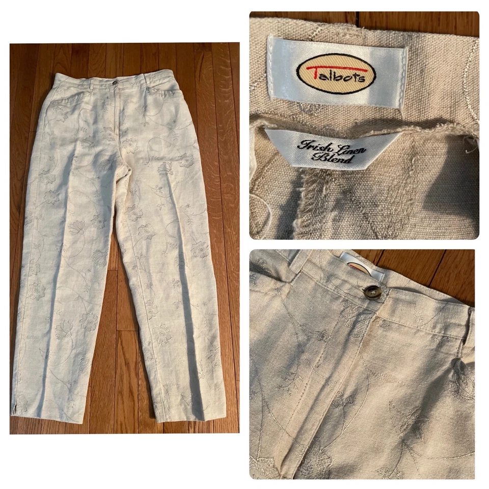Vintage Talbots Irish Linen Blend Ankle Pant Sz 10 Embroidered Beige Tapered Leg - Image 1 of 4