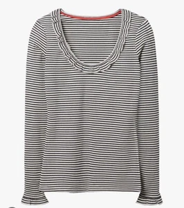 Boden Voop Rib Frill Long Sleeve Ruffle Top Shirt Sz US 2 UK6 Navy Stripe Olive - Picture 1 of 8