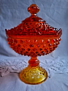 Fenton Covered Hobnail Candy Dish Amberina Glass Pedestal Scalloped Rim - Picture 1 of 15