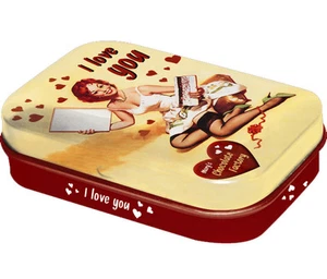 Retro Tin Metal Pill Box I LOVE YOU filled with Mints - 6 x 4cm Pin Up Chocolate - Picture 1 of 2