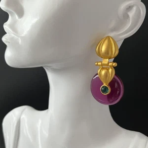 Gold Door Knocker Earrings Purple Lucite Pierced Mogul