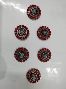 Set Of 6 Gorgeous Round Conchos With Red Stones For Western Horse Saddle F/Ship.