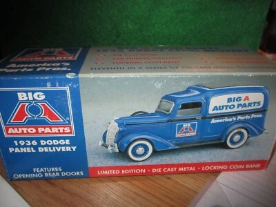 Camión de reparto Big A Auto Parts 1936 Dodge panel fundido a presión banco de monedas ~ nuevo en caja Foto 1 de 2