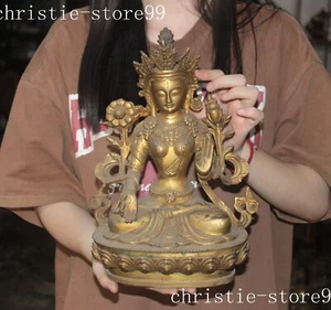 12" Tibet Buddhism temple bronze Gilt white tara Kwan-Yin goddess Buddha statue - Picture 1 of 9
